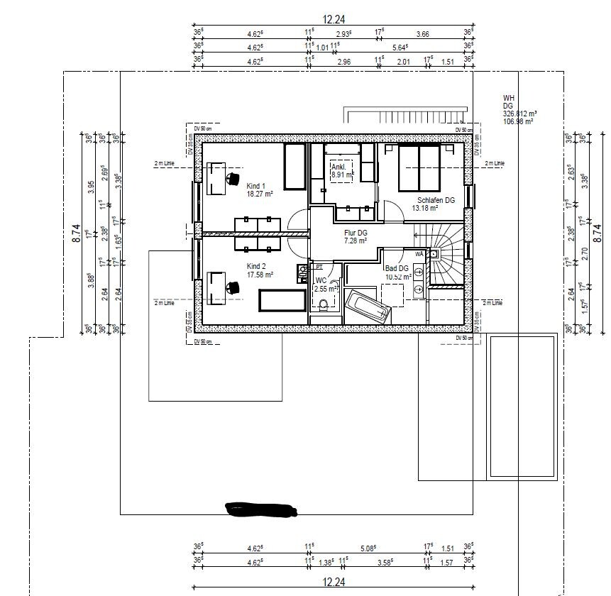 Grundriss Dachgeschoss: Schlafzimmer, zwei Kinderzimmer, Flur, Bad, WC und Treppenaufgang.