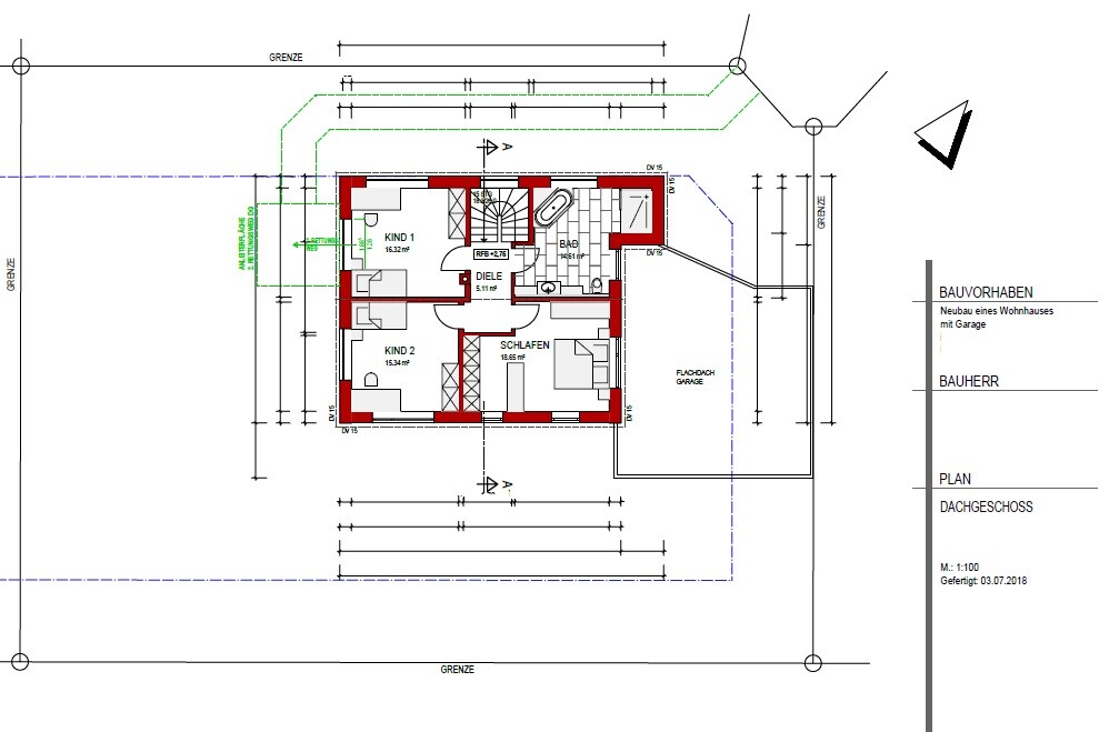 Grundriss Dachgeschoss eines Wohnhauses mit Schlafzimmer, zwei Kinderzimmer, Diele und Garage.