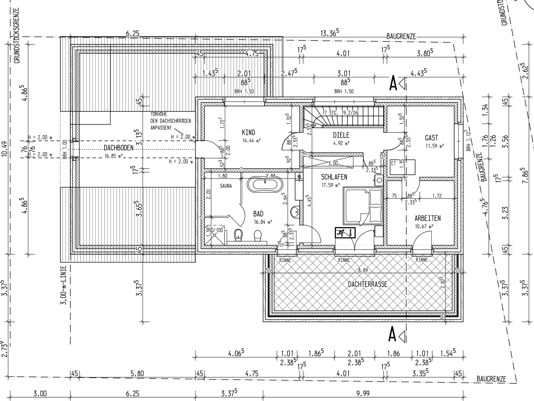 Grundriss eines Hauses: Dachgeschoss mit Schlafzimmer, Kind, Gast, Bad, Sauna, Terrasse.