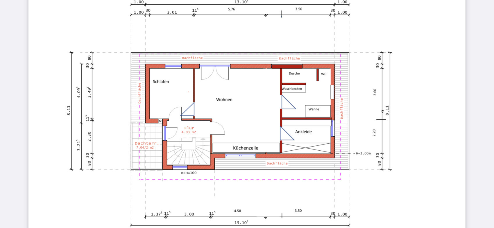 Grundriss eines Dachgeschosses: Schlafzimmer, Wohnen, Küche, Flur, Ankleide, Dusche, WC.