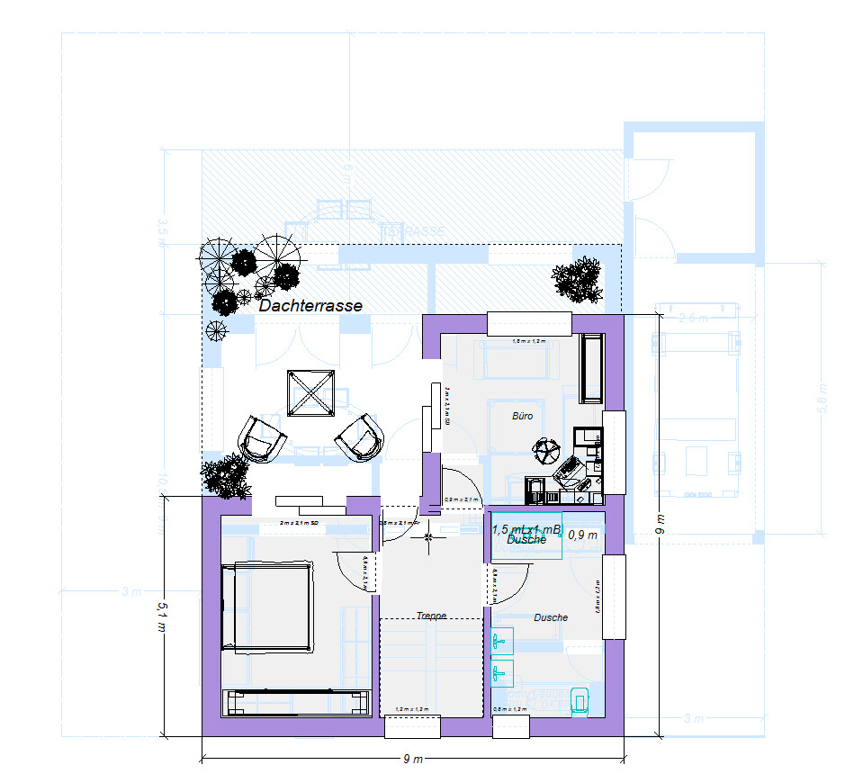 Grundriss eines Hauses mit Dachterrasse, Wohnzimmer, Büro, Schlafzimmer und Dusche
