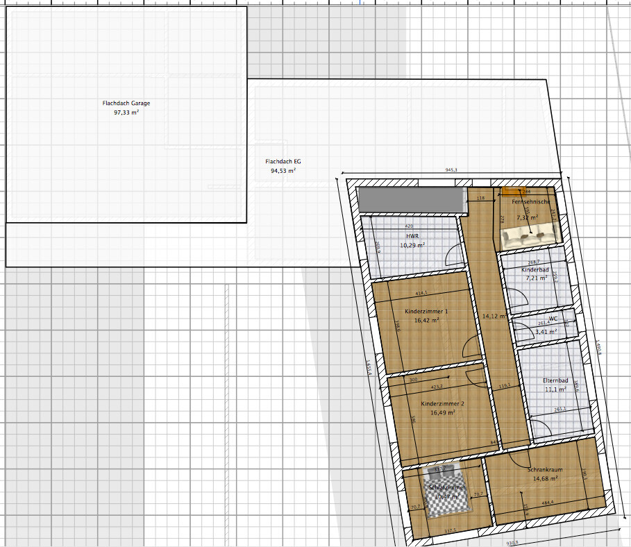 2D-Grundriss eines Hauses mit Kinderzimmern und Bad