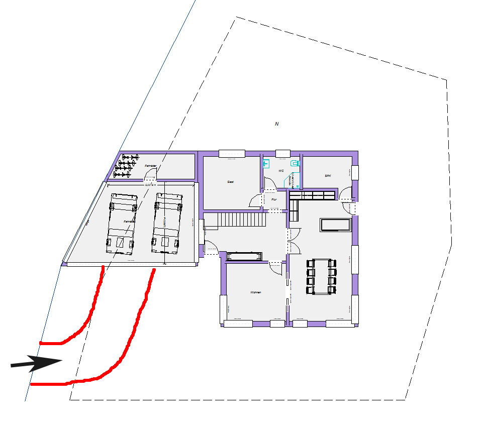 Grundriss eines Hauses mit Doppelgarage, Innenraumaufteilung und roter Zufahrt zum Grundstück.