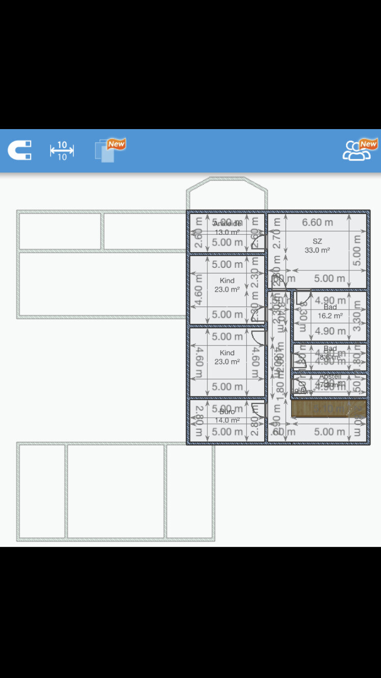 Grundriss eines Wohngebäudes mit mehreren Zimmern (Kind, Bad, Büro, SZ) und Maßangaben in Metern.