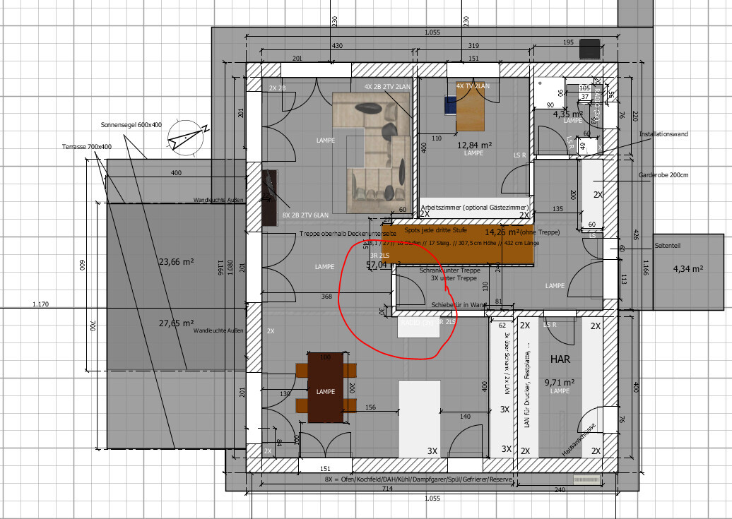 Detaillierter Grundriss eines Hauses mit Zimmern, Möbeln, Türen und Abmessungen.
