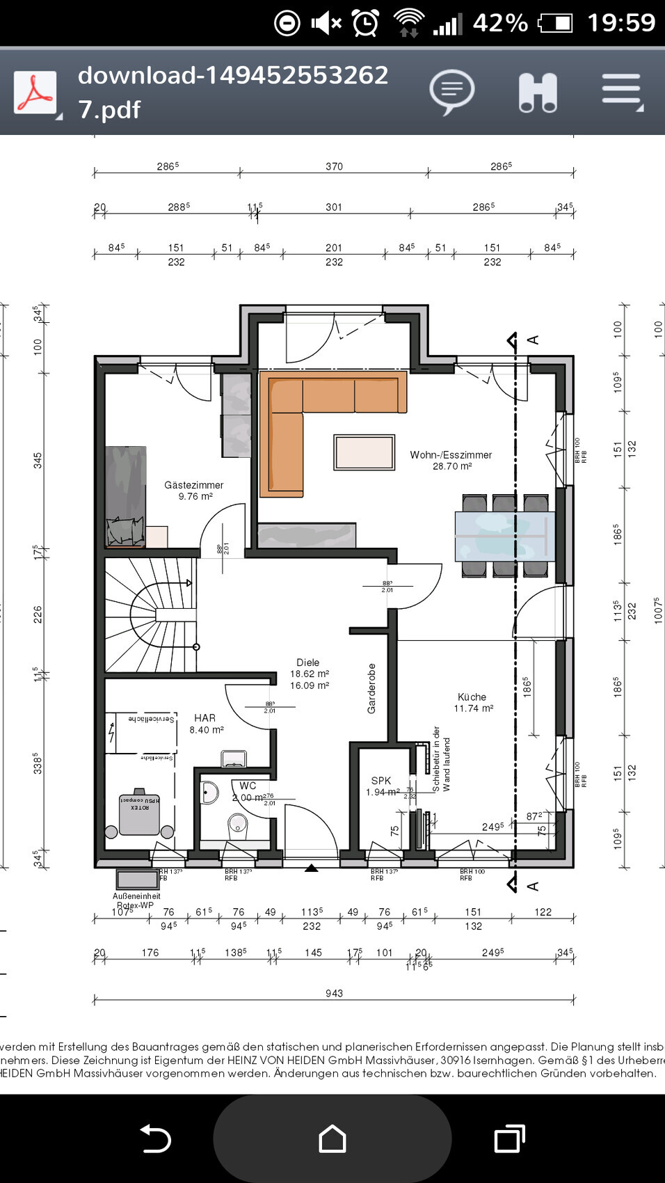 Grundriss einer Wohnung: Wohnzimmer/Esszimmer, Küche, Gästezimmer, Diele, WC, HAR, Garderobe, SPK.