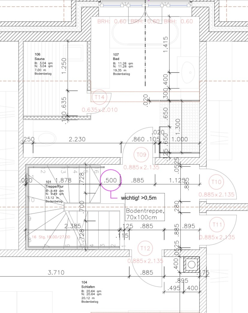 Grundriss eines Innenraums mit Sauna, Bad, Treppe und Türen, Maßangaben