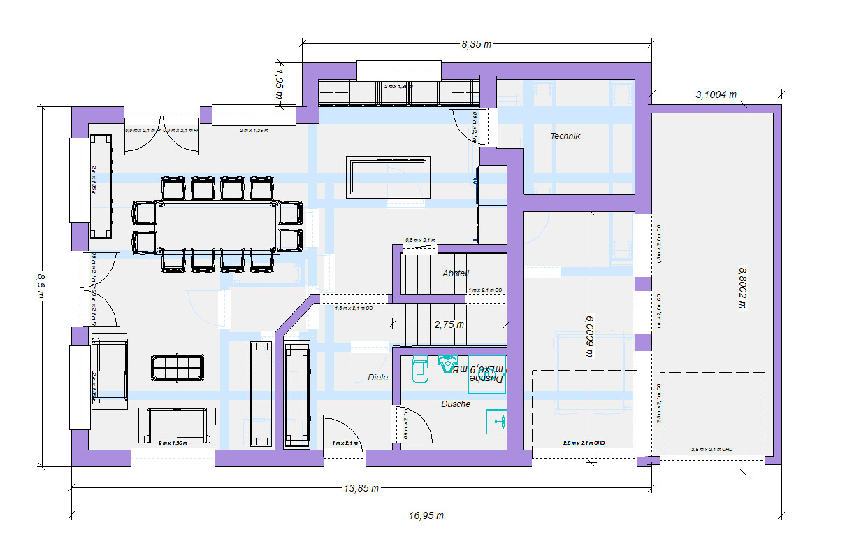 Grundriss eines Hauses: offener Wohn- und Essbereich, Küche, Technik, Diele, Dusche, Abstellraum.