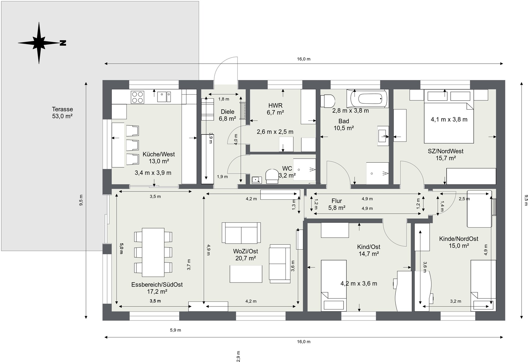Grundriss eines Hauses mit Küche, Essbereich, Wohnzimmer, Bad, Flur, Schlafzimmer und Terrasse.