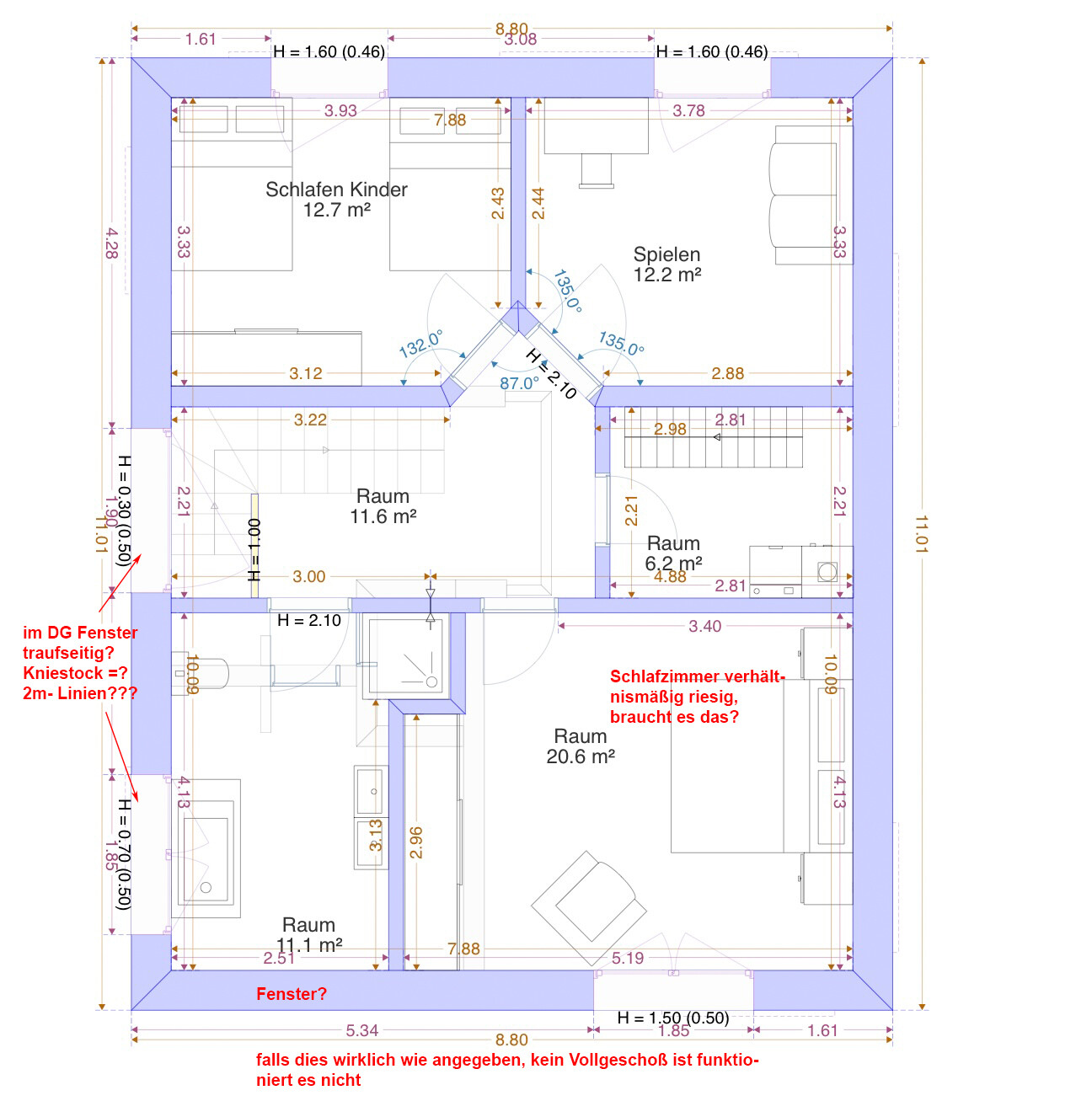 Grundriss eines Hauses mit Schlaf-/Kinderzimmer, Spielzimmer und zwei weiteren Räumen, Maße.