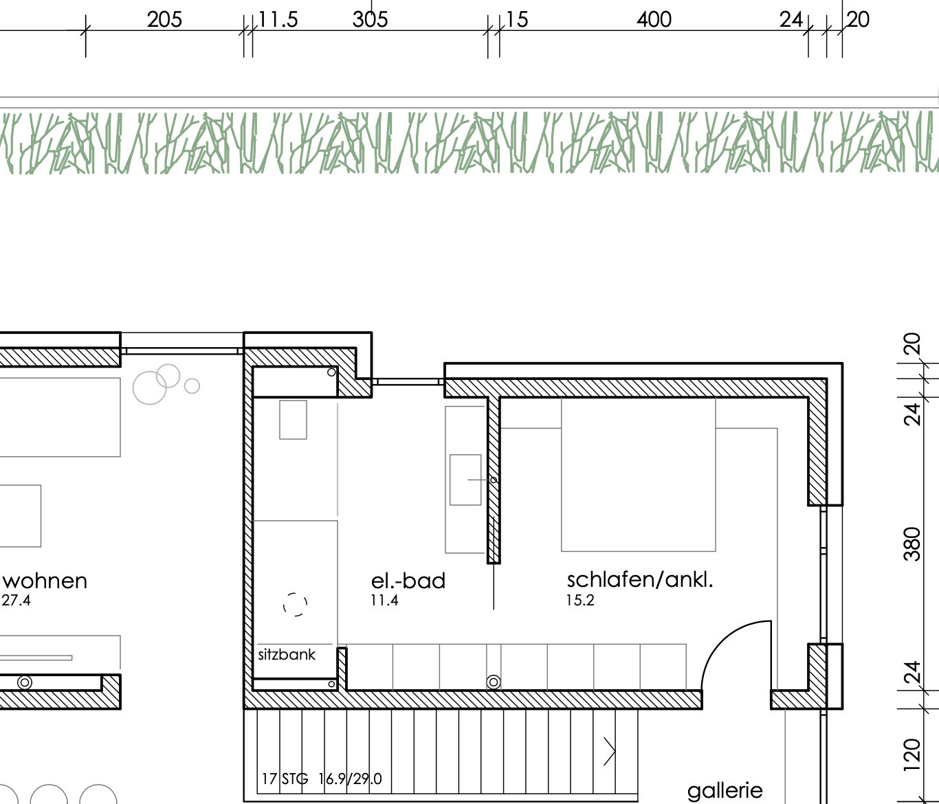 Grundriss eines Wohn-/Schlafbereichs mit Bad, Sitzecke, Bank, Galerie und Garten.