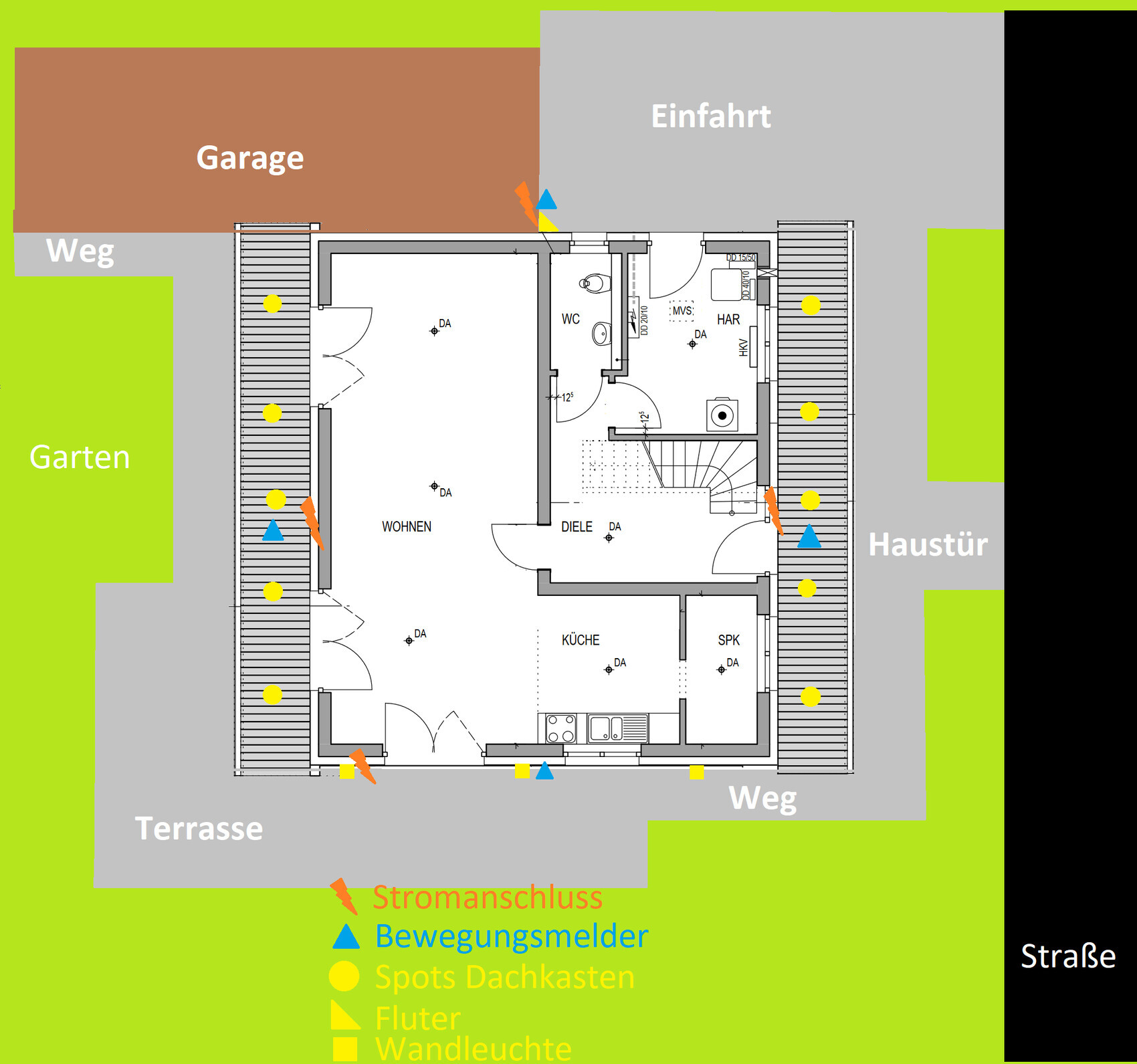 Grundriss eines Hauses mit Garten, Terrasse, Garage; Innenbereiche: Wohnen, Küche, Diele, WC.