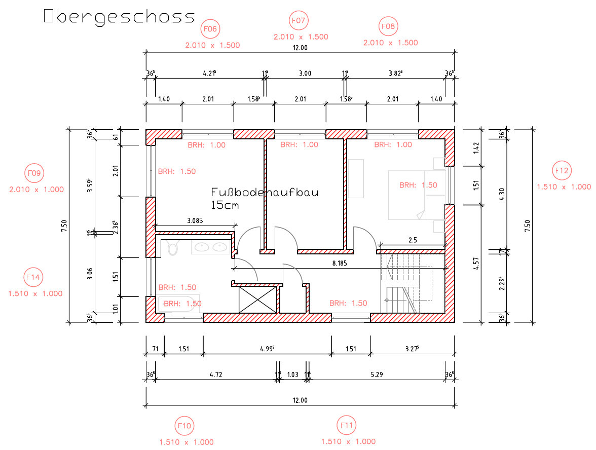 Architektur-Grundriss eines Hauses mit Innenräumen, Türen, Treppen, Wänden und Maßlinien.