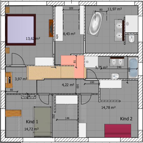 2D Grundriss eines Hauses mit Schlafzimmern, Bad, Flur und Küche