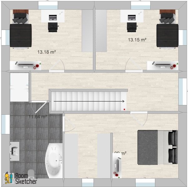 Grundriss eines Hauses: Treppe in Mitte, Bad links, zwei Schlafzimmer, rechts Haupt-Schlafzimmer.