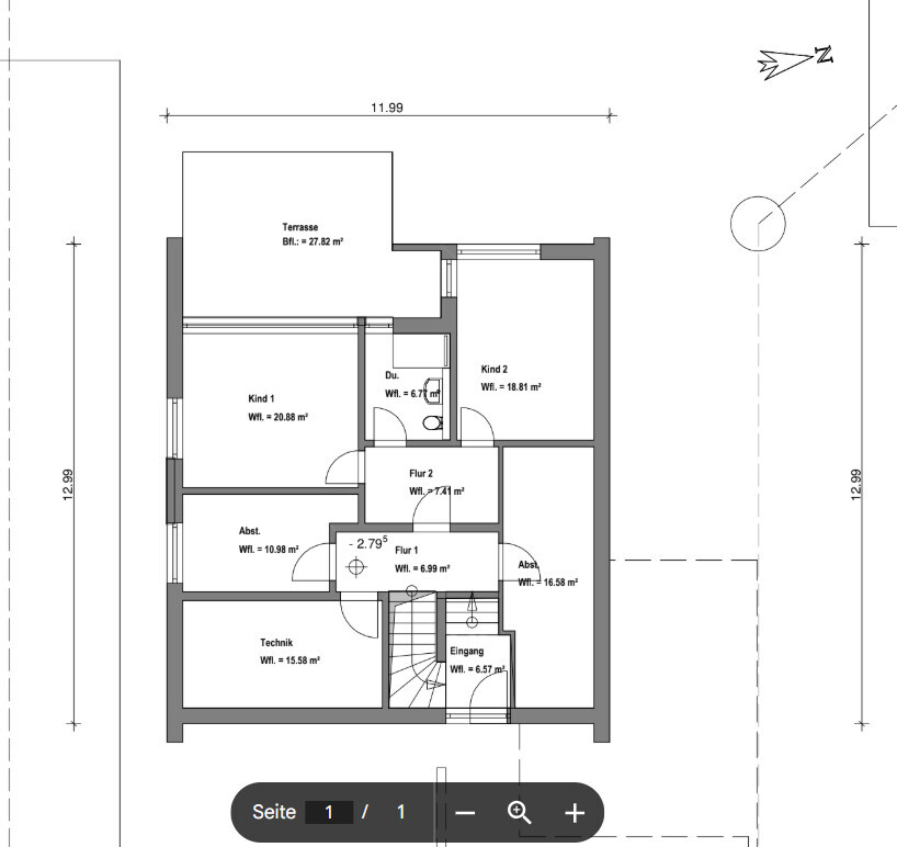 Grundriss eines Hauses: Terrasse, zwei Kinderzimmer, Technik, Abstellräume, Flur 1–2, Eingang.