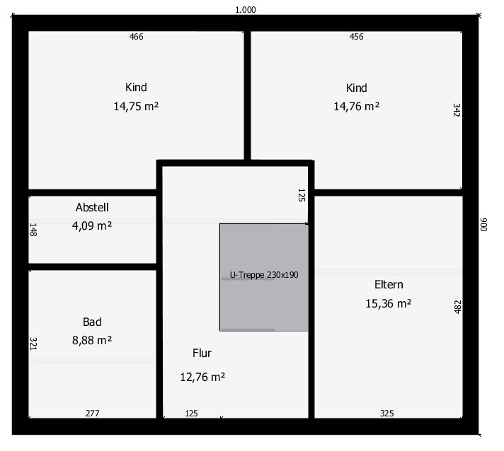 Grundriss eines Hauses mit zwei Kinderzimmer, Elternzimmer, Bad, Flur, Abstellraum und U-Treppe