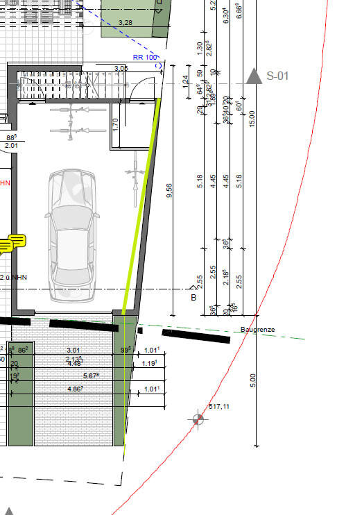 Grundriss einer Garage mit geparktem Auto, Maßlinien und Baugrenze.
