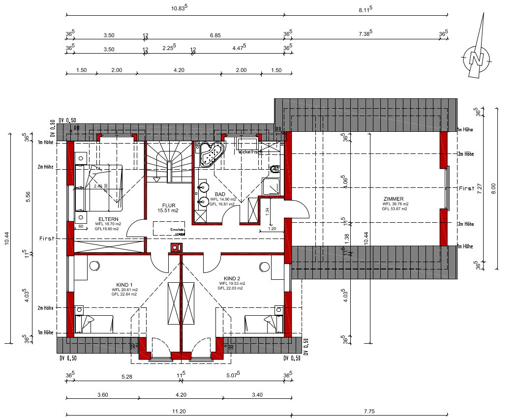 2D-Grundriss eines Hauses mit Flur, Bad, Schlafzimmern und Treppen