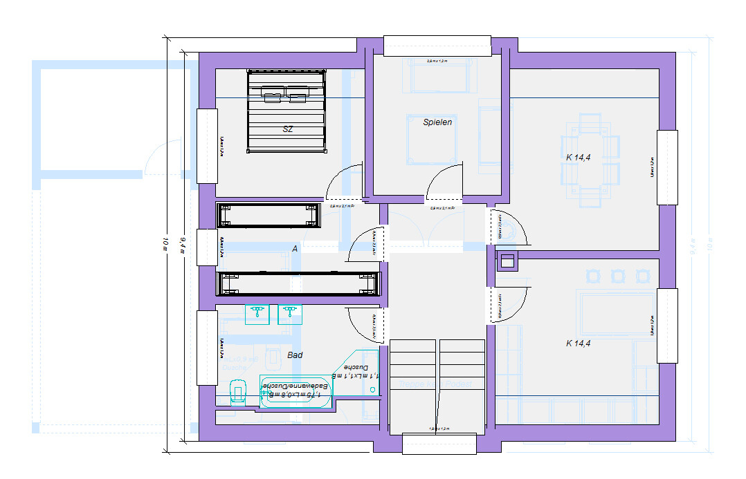 Grundriss einer Etage mit Bad, Küche, Schlafzimmer und Spielzimmer.