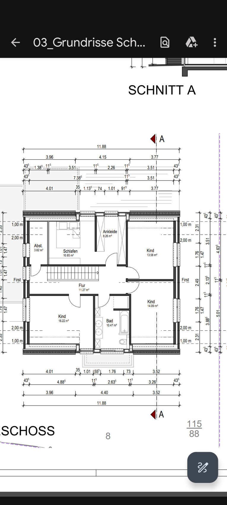 Detaillierter Grundriss eines Hauses mit Schlafzimmer, Bad, Flur und Ankleide (Schnitt A)