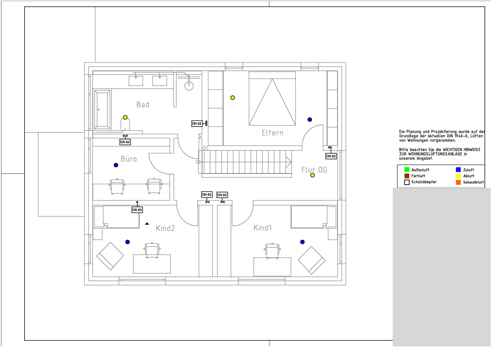 Grundriss eines oberen Wohngeschosses: Eltern- und Kinderzimmer, Büro, Bad, Flur; Lüftungspunkte.