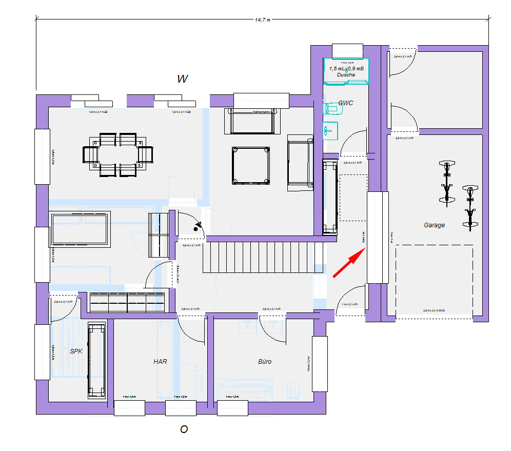 Grundriss eines Hauses mit Garage, Büro, HAR, SPK und Dusche; roter Pfeil markiert den Eingang.