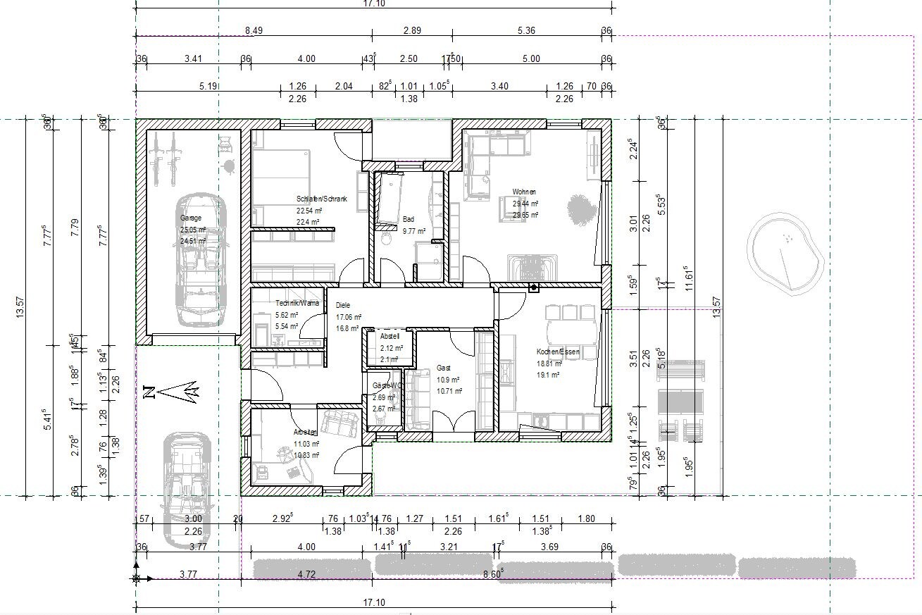 Grundriss eines Wohnhauses mit Garage, Schlafzimmer, Bad, Wohnen, Küche und Gästezimmer/Arbeitszimmer.