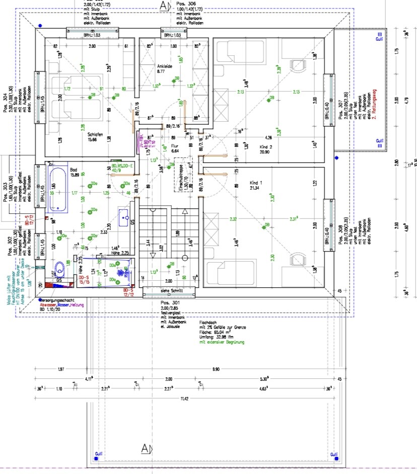 Grundriss eines Einfamilienhauses mit Schlafzimmer, Bad, Küche, Wohnzimmer, Kinderzimmer und Treppe.