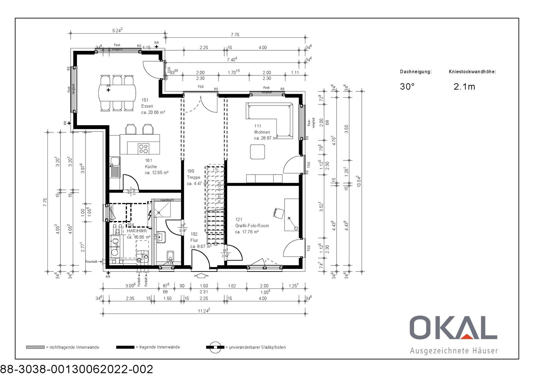 Grundriss eines Wohnhauses: Küche, Essen, Wohnen, Flur, Treppe, HAR/HWR, Grafik-Foto-Room.