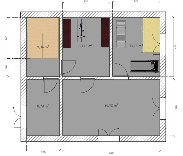 Grundriss eines Hauses mit fünf Räumen (9,34; 8,79; 13,12; 13,28; 26,12 m²), Türen und Möbel.