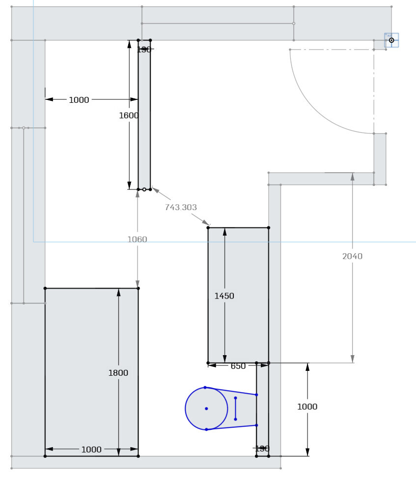 Detaillierter Grundriss mit Raumaufteilung, Maßen und Wänden eines Hauses