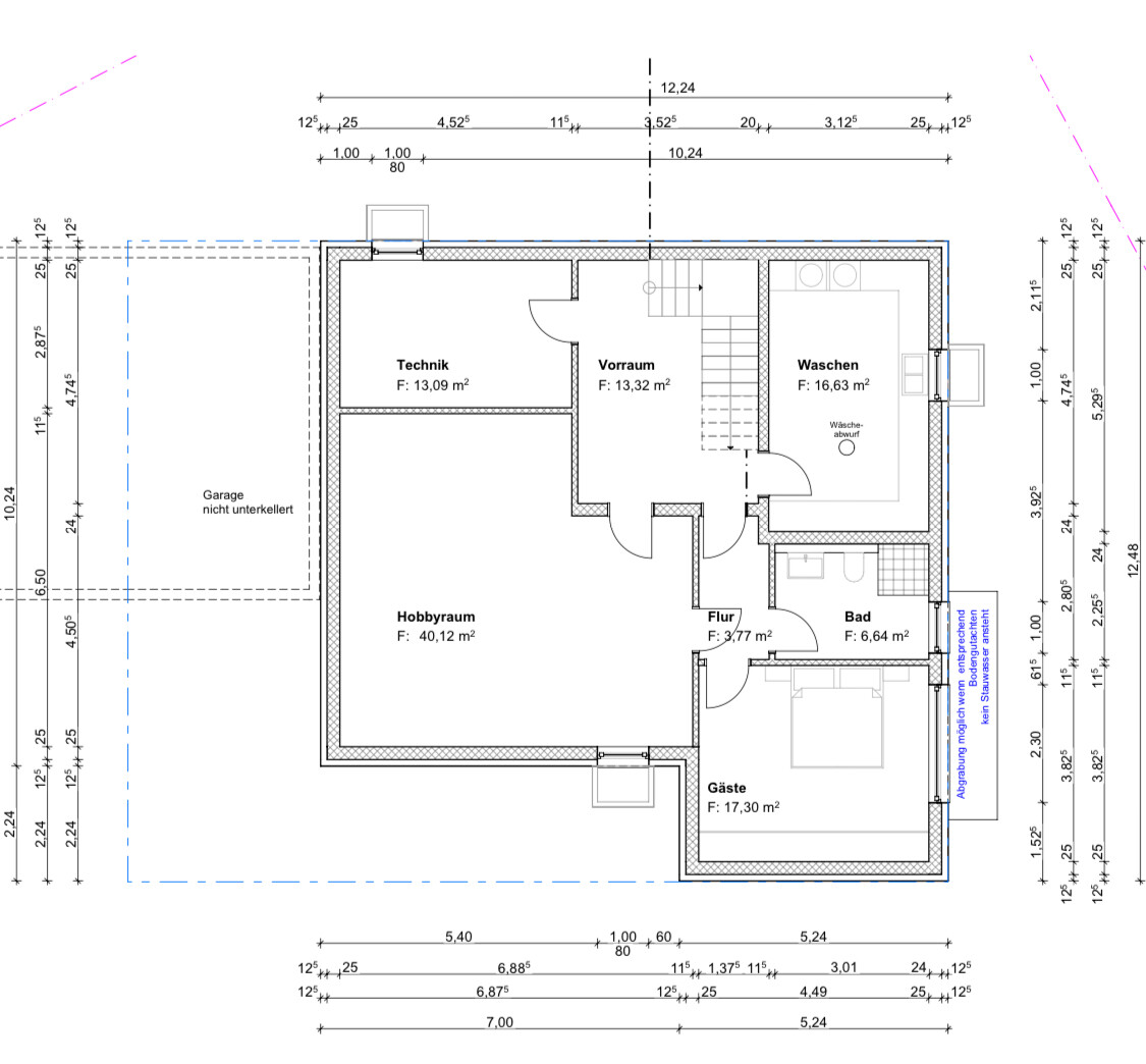 Grundriss eines Hauses mit Technik, Vorraum, Waschen, Bad, Gäste, Hobbyraum, Flur; Garage links.
