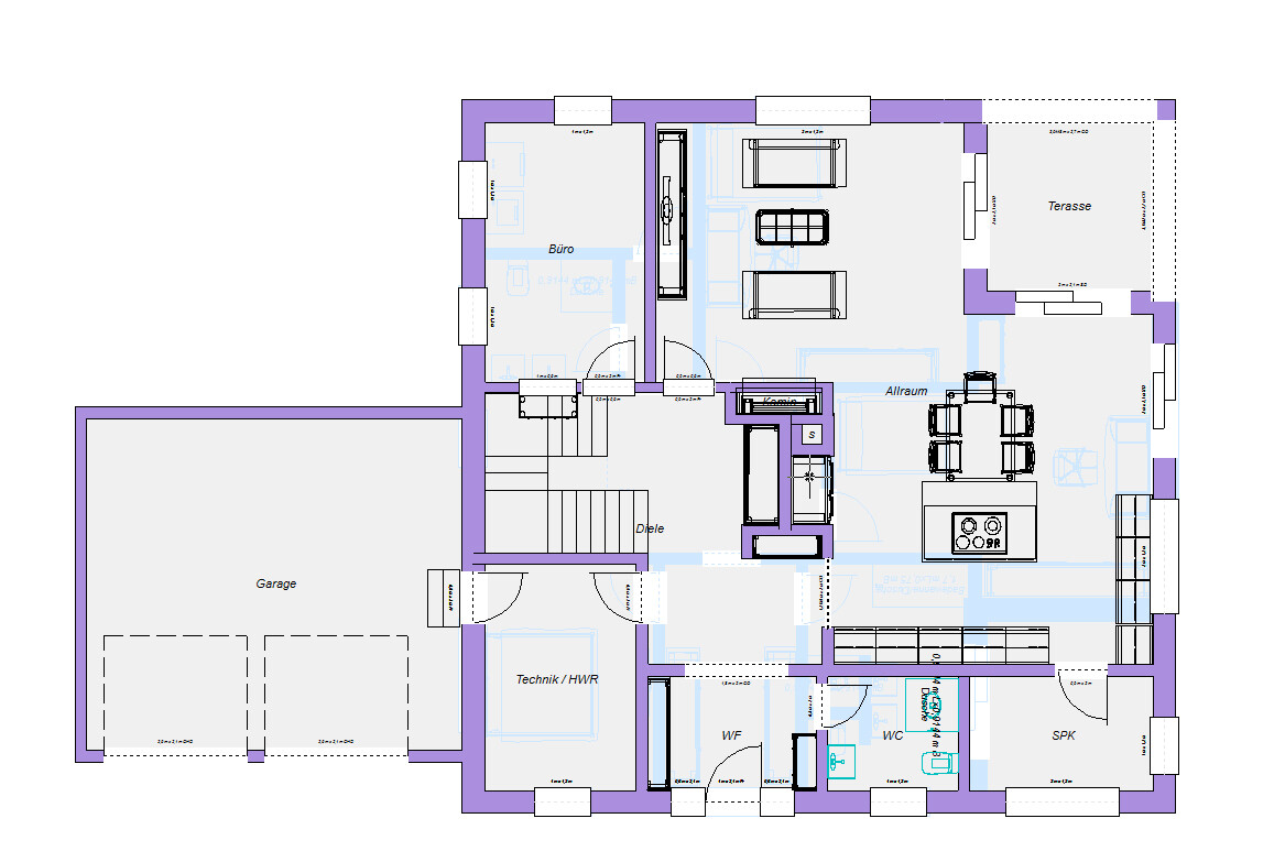 Grundriss eines Hauses: Garage links, Büro oben links, Allraum mit Terrasse rechts, Diele.