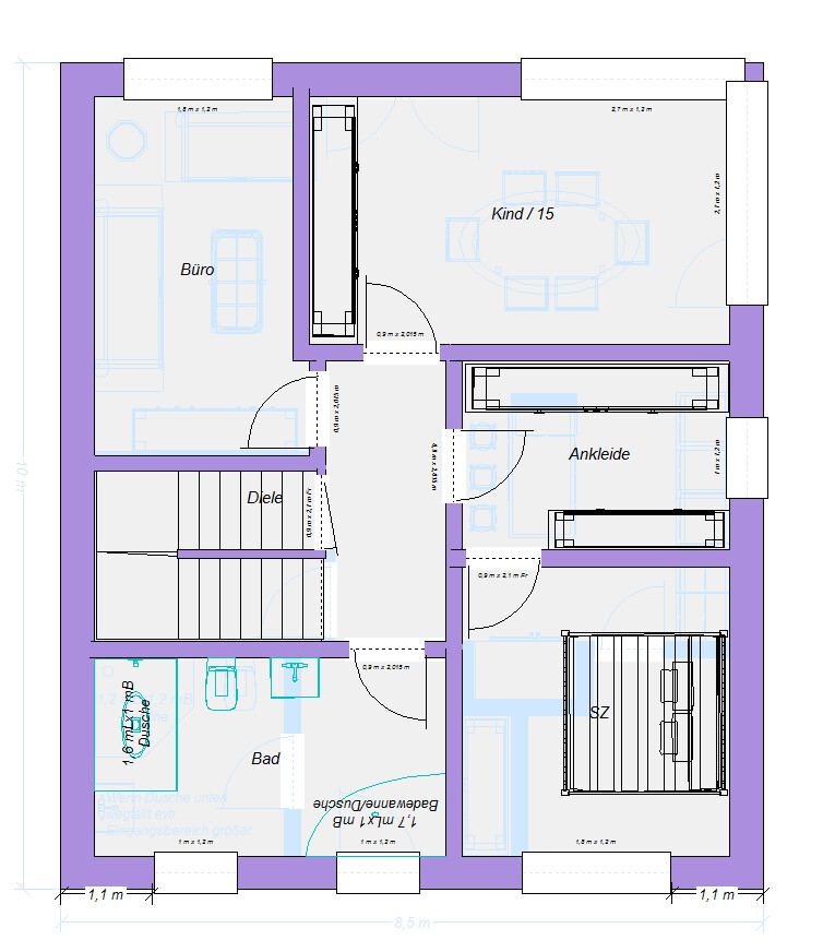 Grundriss eines Obergeschosses mit Büro, Kind/15, Ankleide, SZ, Bad, Diele.