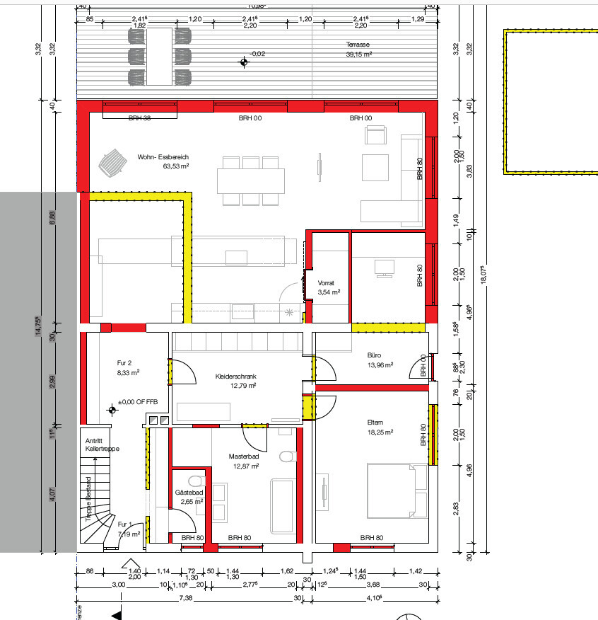 Grundriss eines Einfamilienhauses: Wohn-/Essbereich, Büro, Elternzimmer, Bad, Garderobe.