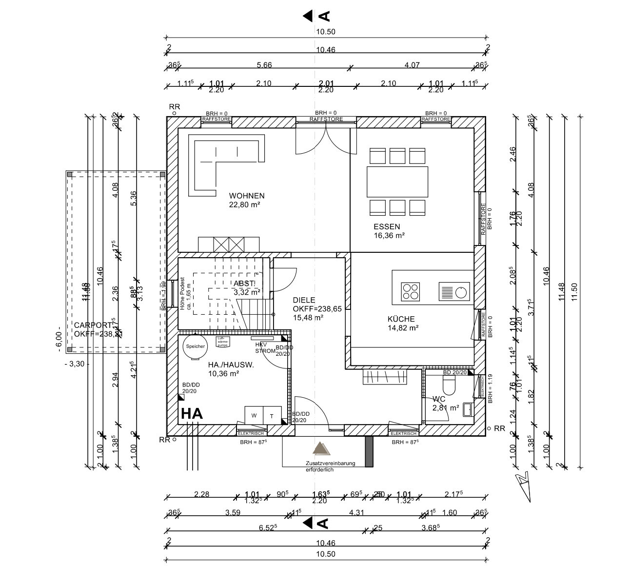Grundriss eines Hauses mit Wohnzimmer, Essbereich, Küche, Diele, Abstellraum, WC und Carport