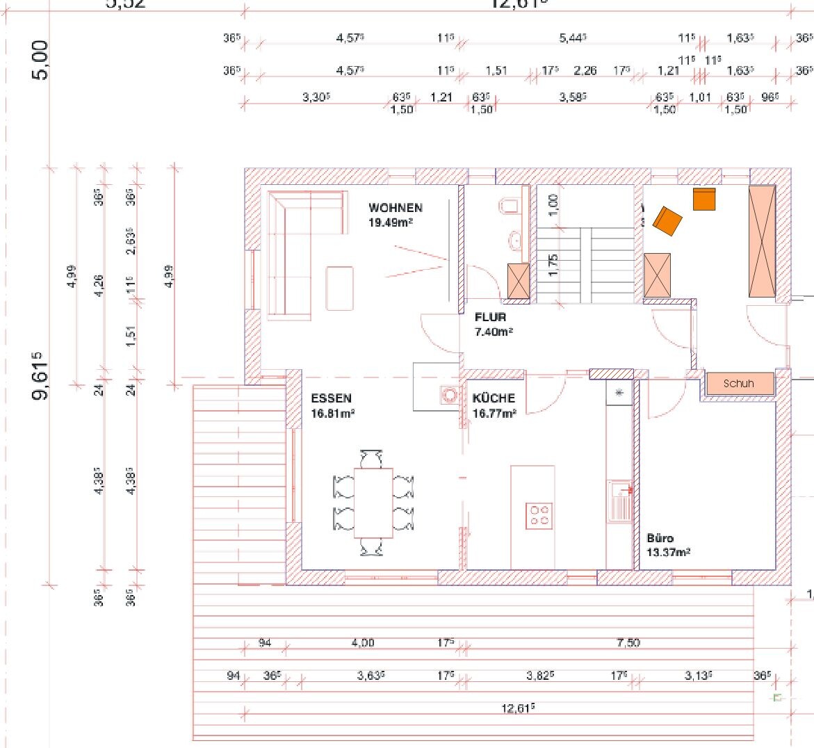 Grundriss eines Hauses mit WOHNEN, ESSEN, KÜCHE, Büro, FLUR, TREPPE, Schuh, Terrasse