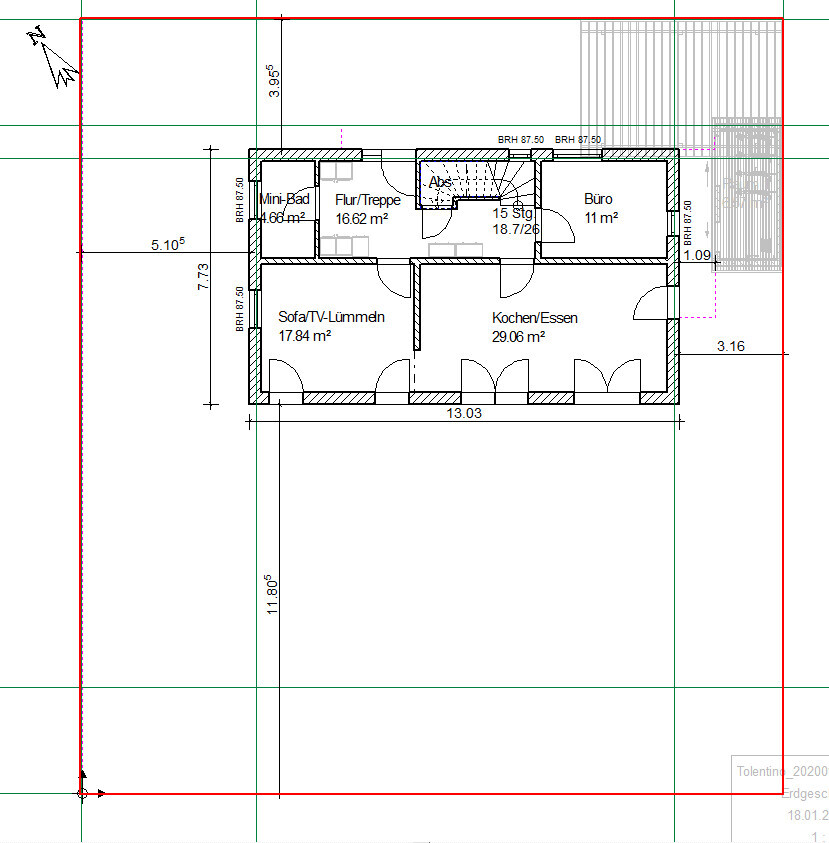 Grundriss eines Apartments: Küche/Essen, Wohnzimmer, Büro, Flur, Bad.