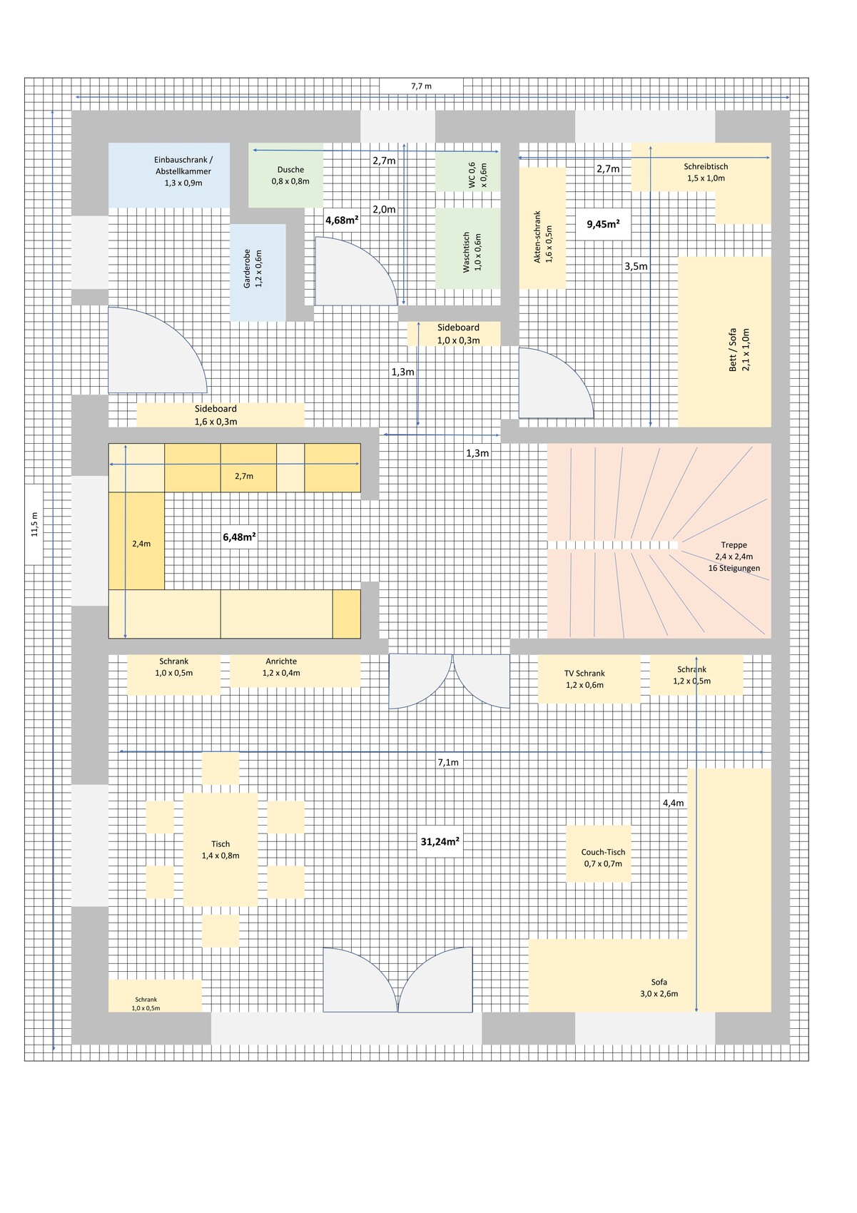 Grundriss eines Wohn- und Essbereichs mit Treppe, Sofa und Esstisch.