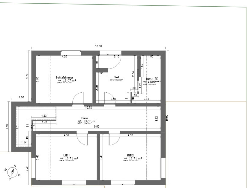 Grundriss eines Apartments mit Schlafzimmer, Bad, Diele, HWR und zwei Zimmern.