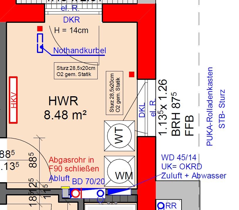 2D-Grundriss eines Hauswirtschaftsraums (HWR) mit Not-Handkurbel, Abgasrohr und Statikangaben.