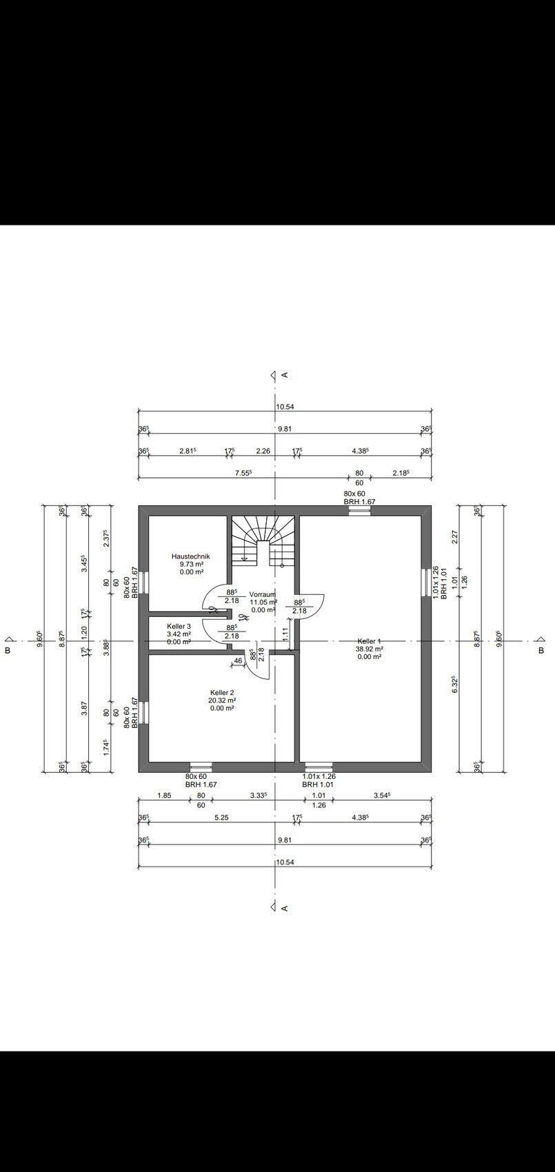 Grundriss eines Hauses: Kellerräume, Haustechnik, Vorraum, Treppenhaus mit Maßangaben.