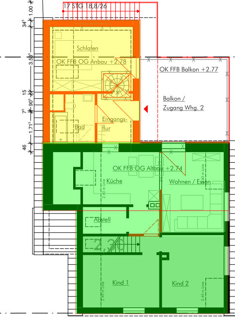 Grundriss eines Wohnhauses mit Küche, Bad, Flur, Wohnen, Schlaf- und Kinderzimmer sowie Balkon.