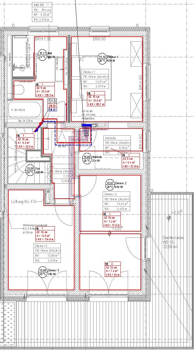 Grundriss einer Wohnung mit mehreren Zimmern, Türen, Fenstern und roten Umrandungen.