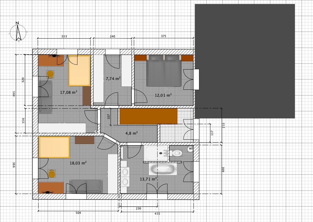 Grundriss einer Wohnung mit Zimmern, Bad, Küche, Flur; Flächenangaben in m².