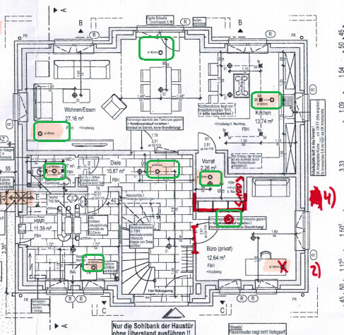 2D-Grundriss eines Hauses mit Wohnzimmer, Küche, Flur und Büro