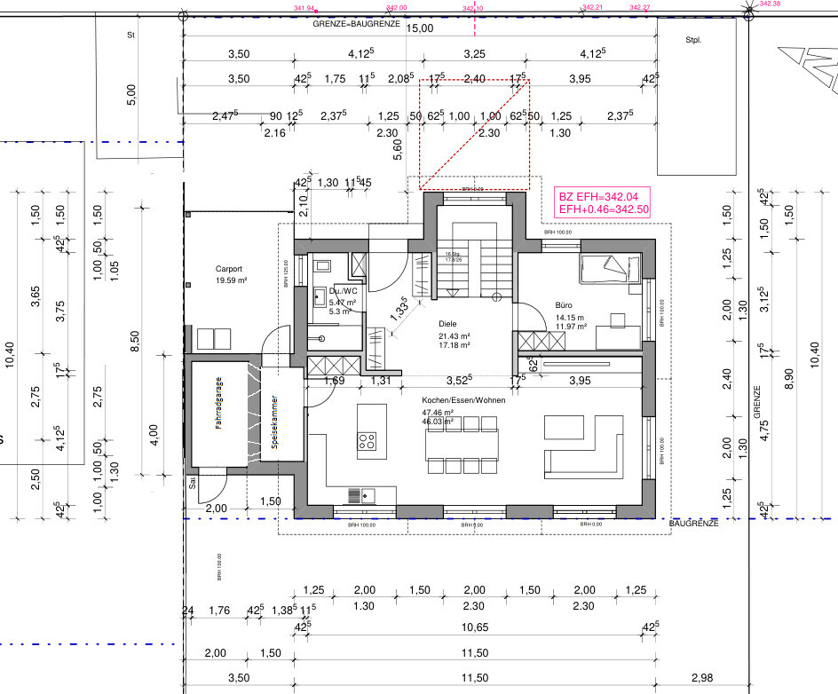 Grundriss eines Hauses: Erdgeschoss mit Carport, Küche, Essen, Wohnen, Büro, Diele.
