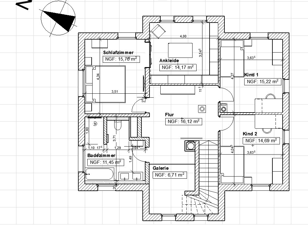 Grundriss der Etage mit Schlafzimmer, Ankleide, Kind 1, Kind 2, Flur, Badezimmer, Galerie.