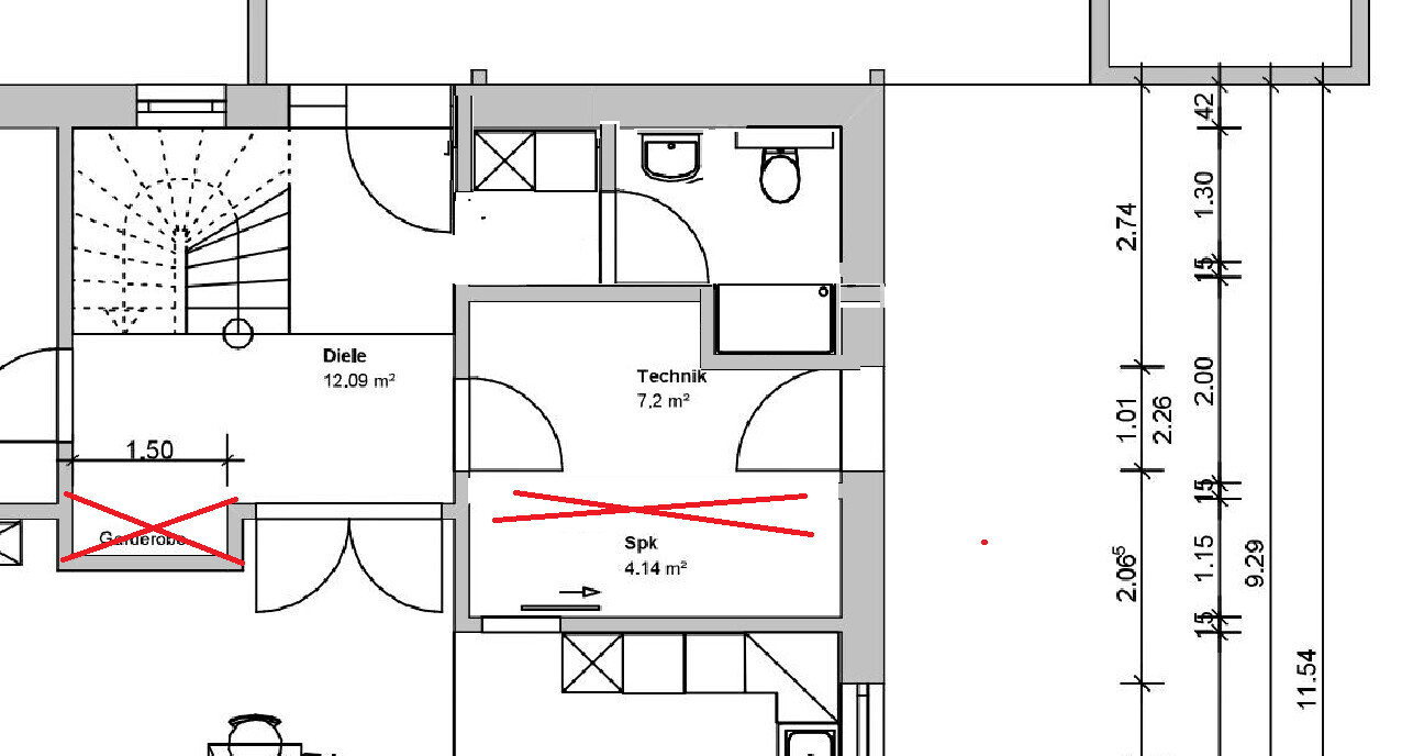 Grundriss eines Hauses: Diele, Technik, Spk, Garderobe (ausgekreuzt), Treppe, Badezimmer.
